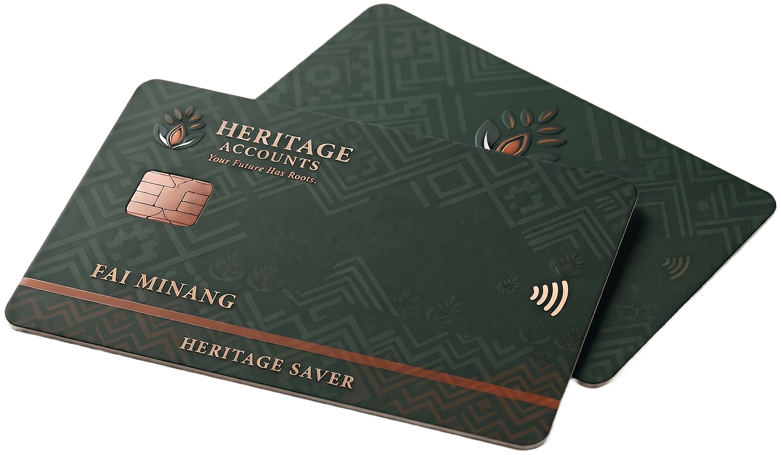 The Heritage Accounts debit card — a deep forest-green card with gold leaf mark, HERITAGE ACCOUNTS wordmark, and a copper stripe along the bottom edge.